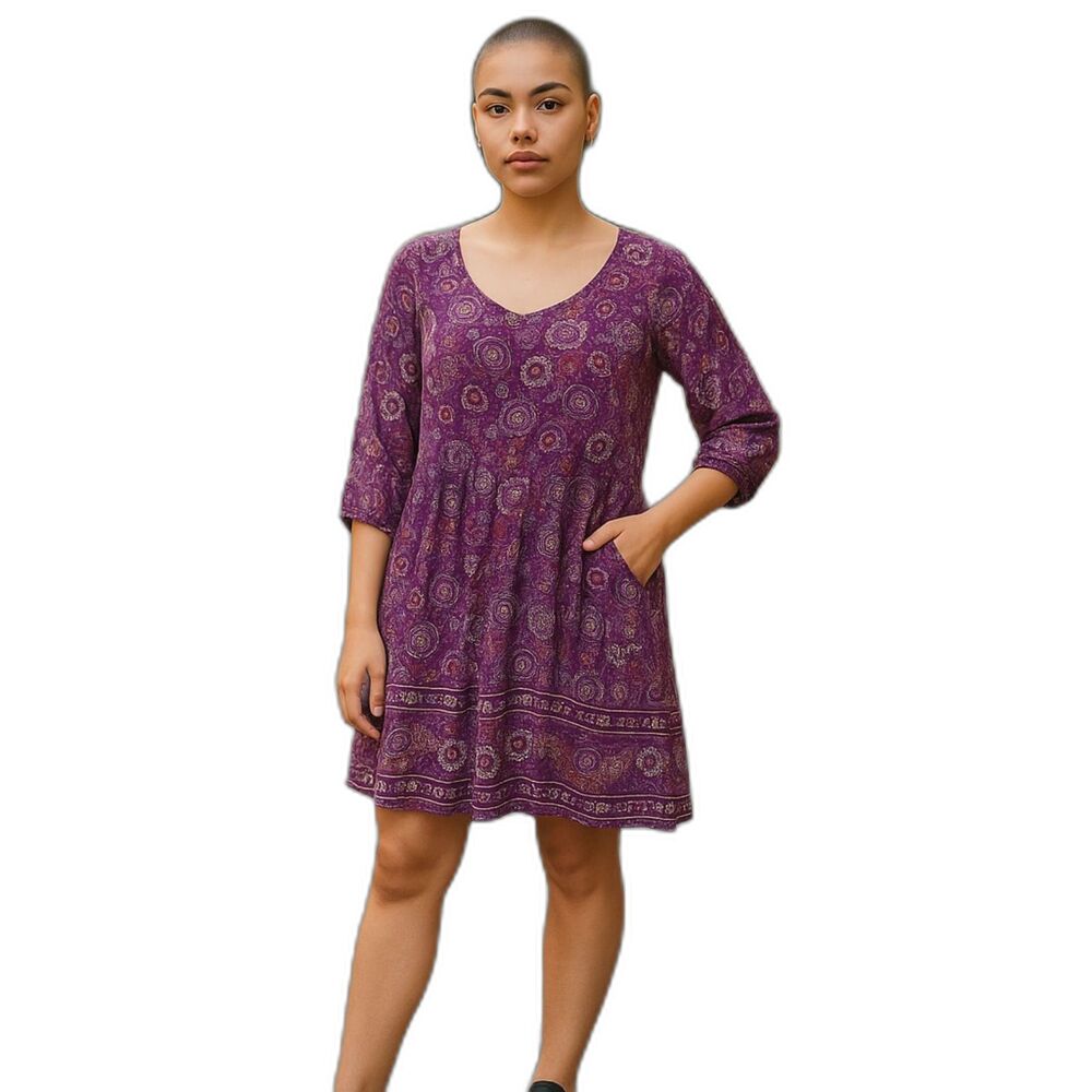 Garnet Hill Purple Paisley 3/4 Sleeve Drop Waist Dress Size 10